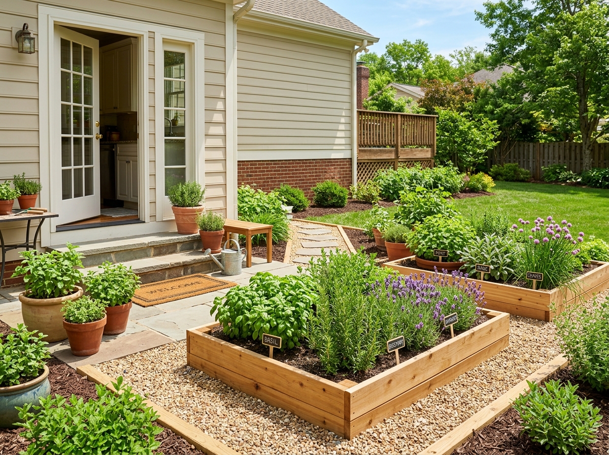 Garden layout showing companion herb pairings for fly protection - herb garden fly repellent