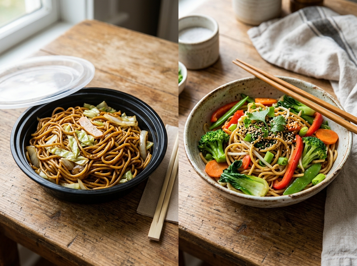 Comparison of oily takeout noodles vs fresh homemade stir fry noodles - healthy stir fry noodles