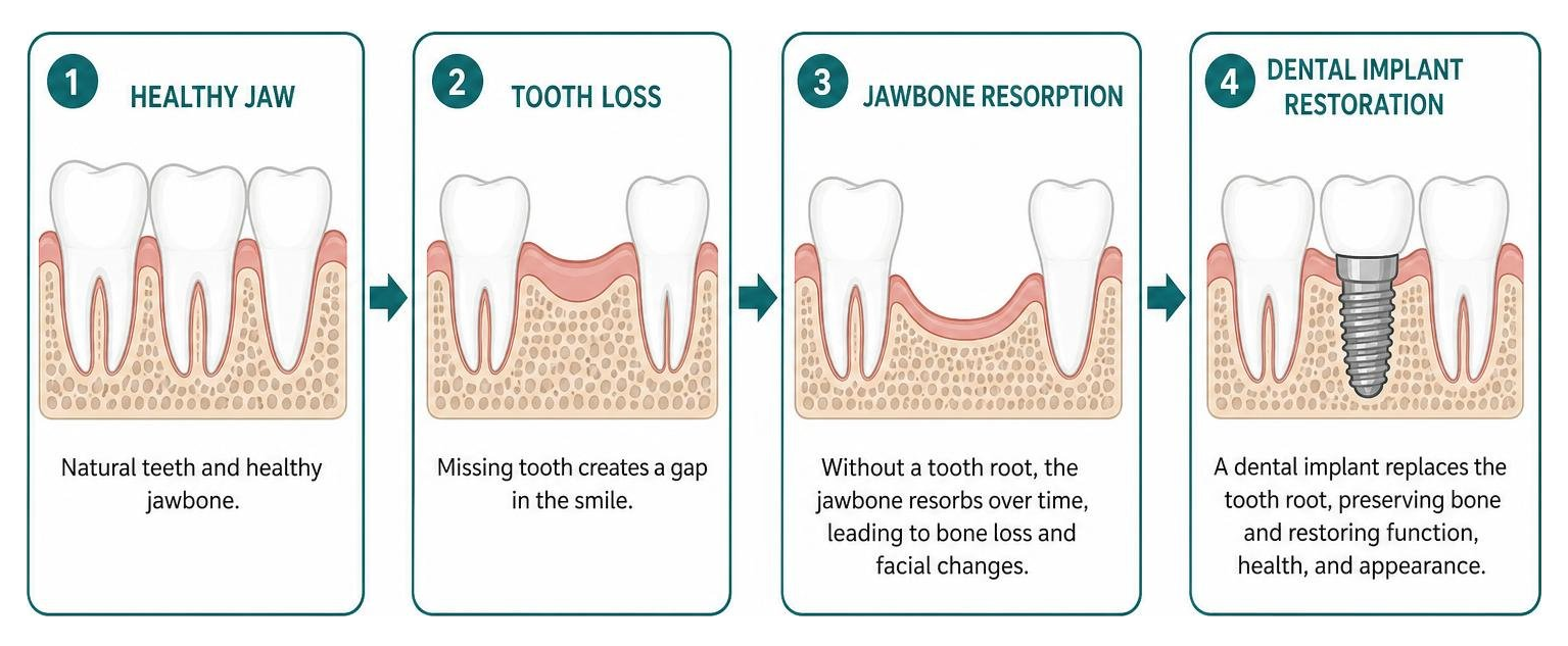 Diagram illustrating the progression from tooth loss and jawbone resorption to dental implant restoration