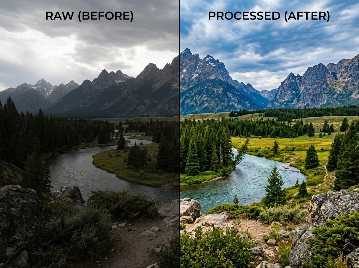 Comparison of a flat RAW file versus a fully processed vivid image - guide to photo editing Comparison of a flat RAW file versus a fully processed vivid image - guide to photo editing