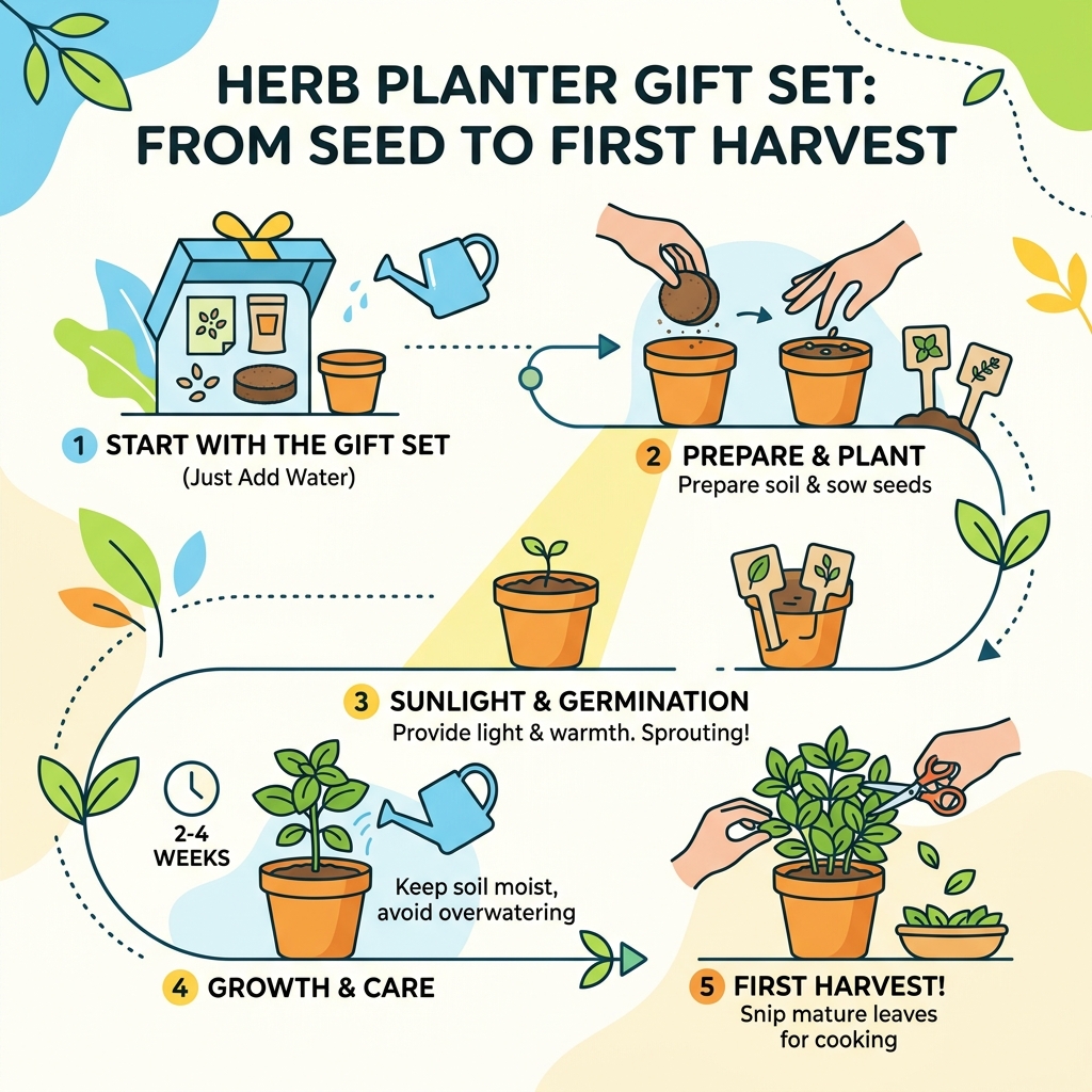 Infographic showing herb planter gift set journey from seed to first harvest - herb planter gift set infographic 