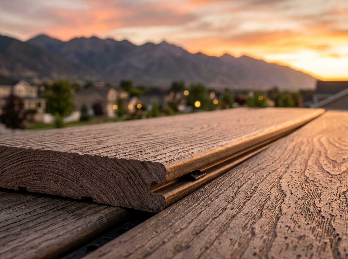 A close-up of the grooved edge profile on a Coastal Bluff board during a sunset installation - coastal bluff trex A close-up of the grooved edge profile on a Coastal Bluff board during a sunset installation - coastal bluff trex