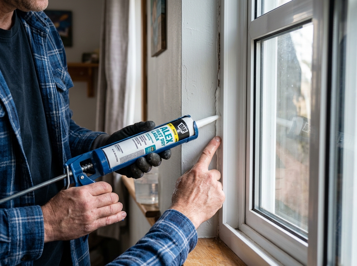 applying caulk to a window frame - window draught excluder applying caulk to a window frame - window draught excluder