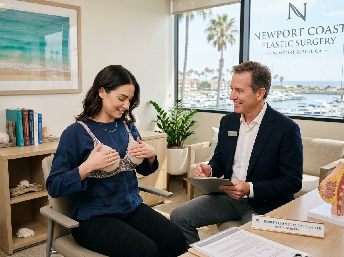 Patient feeling breast implant sizers in Newport Beach, CA - what do gummy bear breast implants feel like