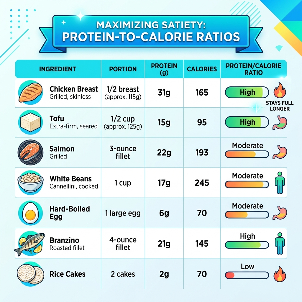 Table comparing protein-to-calorie ratios of common ingredients - low calorie meals infographic Table comparing protein-to-calorie ratios of common ingredients - low calorie meals infographic