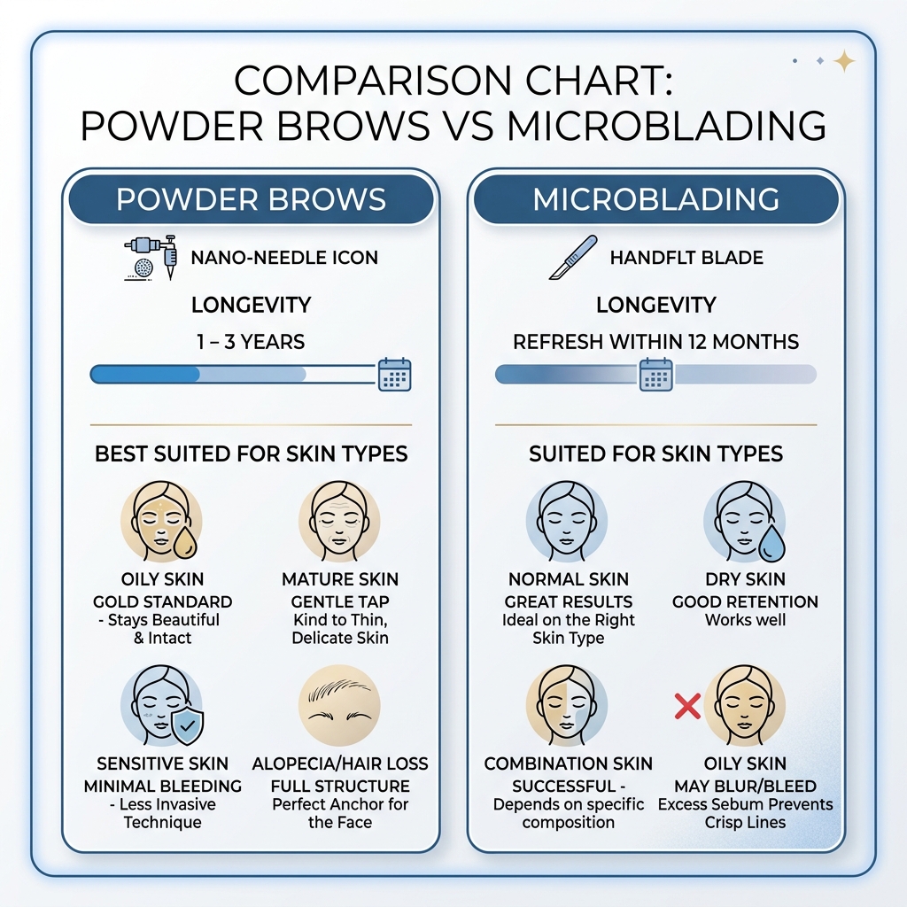 Comparison chart: Powder brows vs Microblading longevity and skin type suitability - powder brows permanent makeup Comparison chart: Powder brows vs Microblading longevity and skin type suitability - powder brows permanent makeup