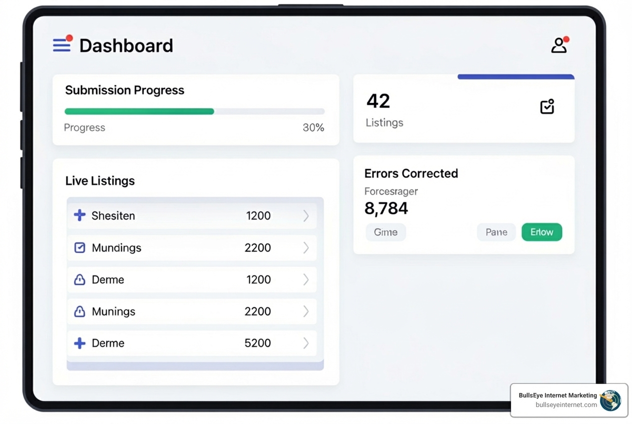 Sample report dashboard showing submission progress, live listings, and corrected errors - Directory submission service Sample report dashboard showing submission progress, live listings, and corrected errors - Directory submission service