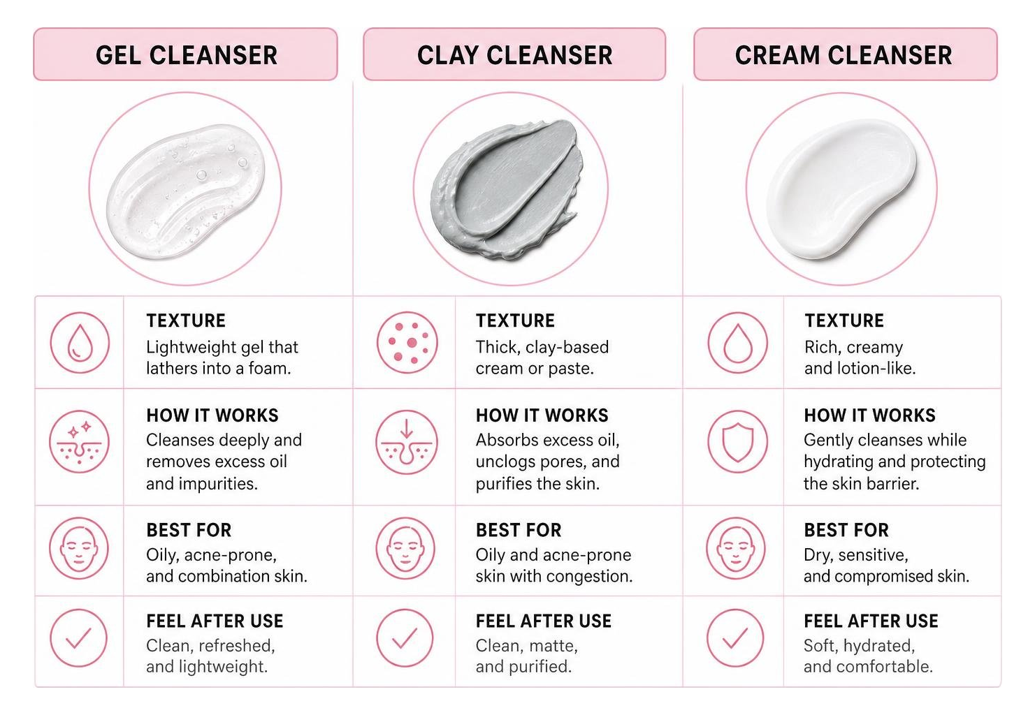 A comparative diagram showing the difference between gel, clay, and cream cleanser textures