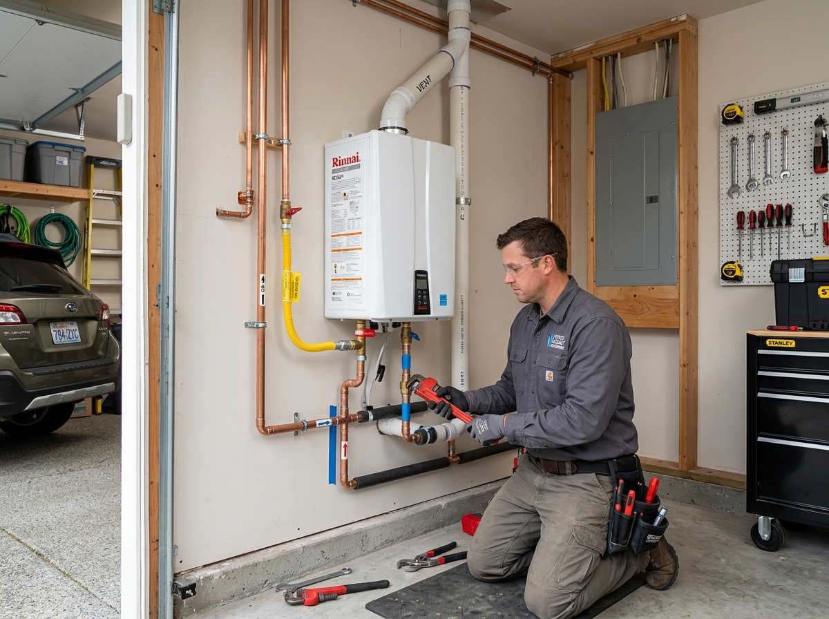 technician installing a tankless water heater unit - how to reduce water heating costs