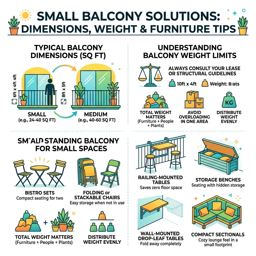 Infographic showing typical balcony dimensions, weight limits, and top furniture types for small spaces - small balcony