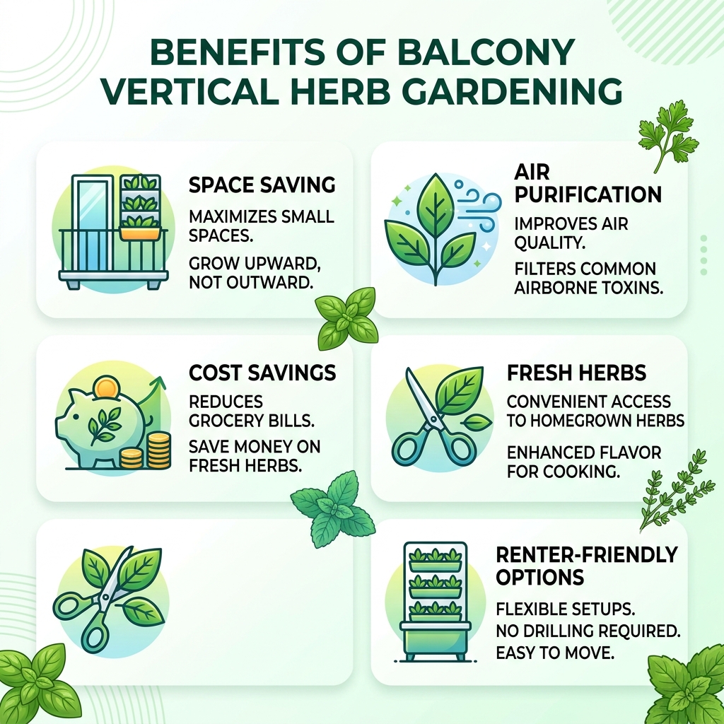 Benefits of balcony vertical herb gardening infographic: space saving, air purification, cost savings, fresh herbs Benefits of balcony vertical herb gardening infographic: space saving, air purification, cost savings, fresh herbs