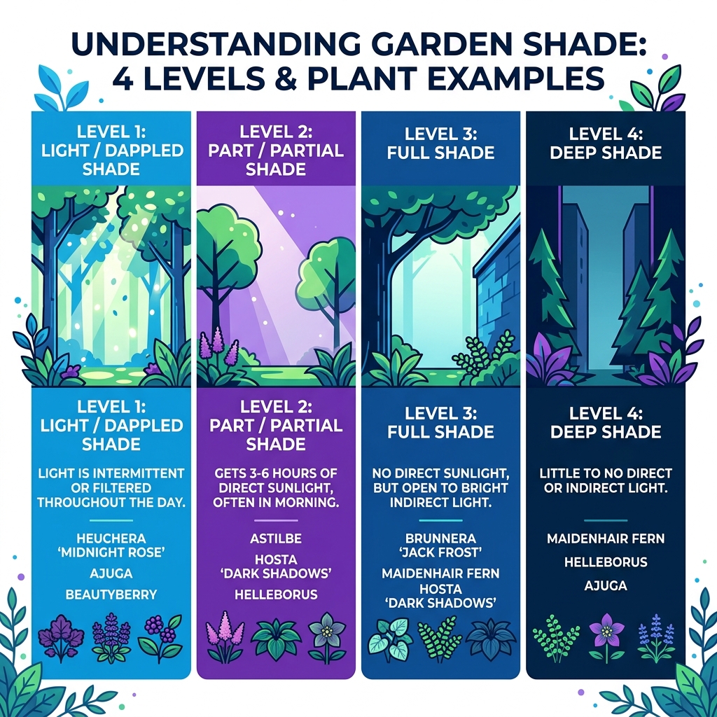 Infographic showing 4 levels of garden shade with plant examples for each - Shade loving plants infographic Infographic showing 4 levels of garden shade with plant examples for each - Shade loving plants infographic