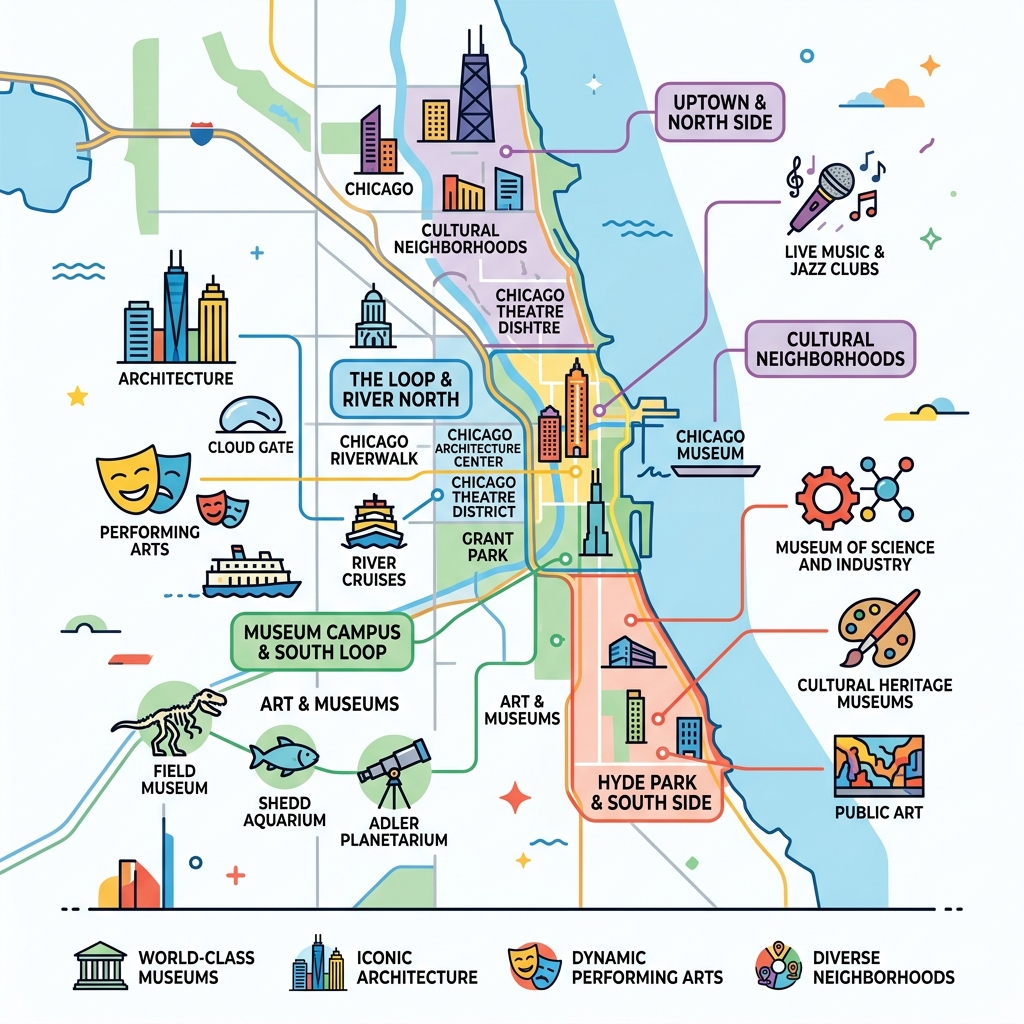 Chicago cultural districts map showing museums, architecture, performing arts, and neighborhoods - cultural activities in