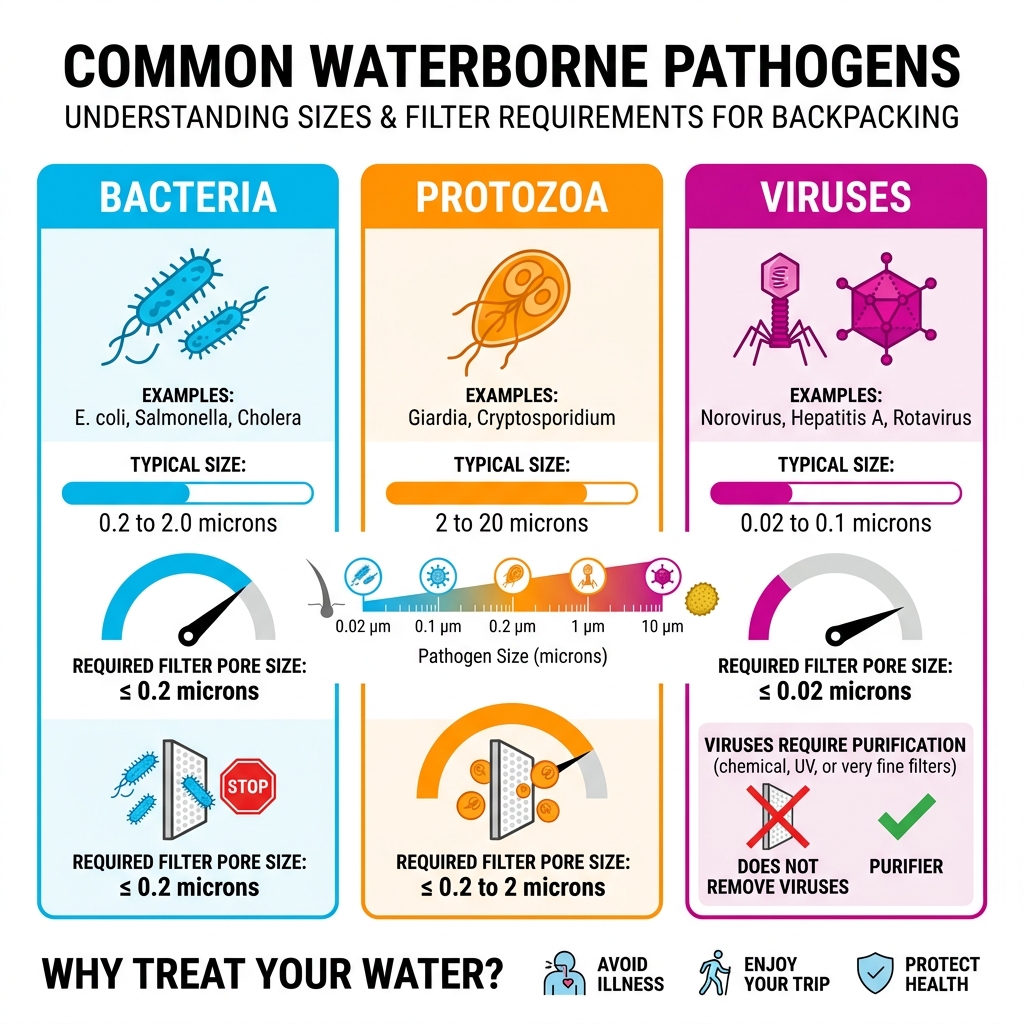Infographic showing common waterborne pathogens: bacteria, protozoa, and viruses with sizes and filter requirements - best Infographic showing common waterborne pathogens: bacteria, protozoa, and viruses with sizes and filter requirements - best
