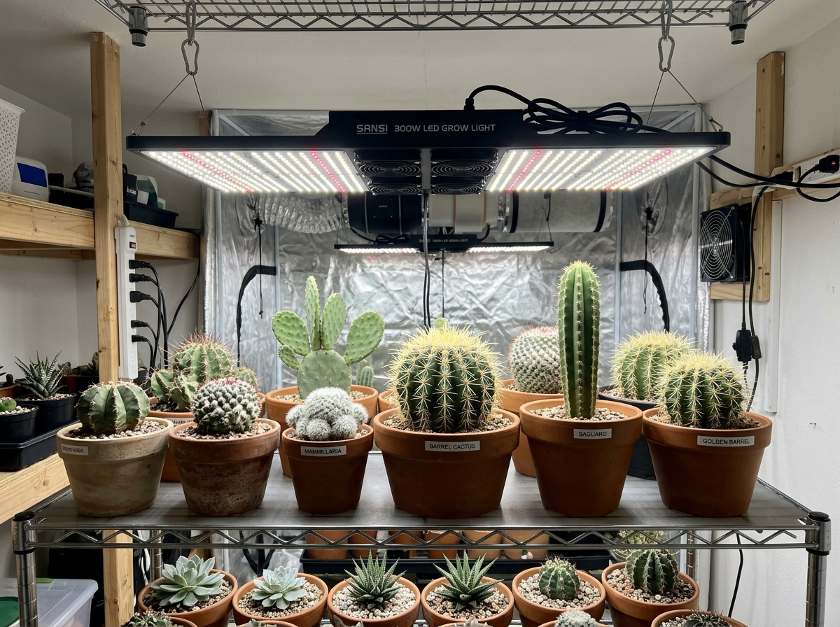 High-intensity LED panel hanging over a variety of desert cacti - best artificial light for cacti High-intensity LED panel hanging over a variety of desert cacti - best artificial light for cacti
