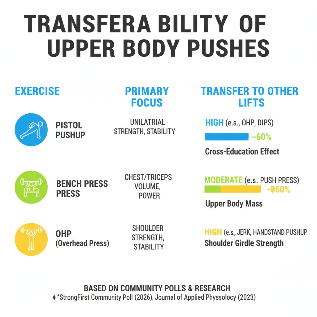 Table comparing transferability of upper body pushes: Pistol Pushup vs Bench Press vs OHP - pistol pushup upper body