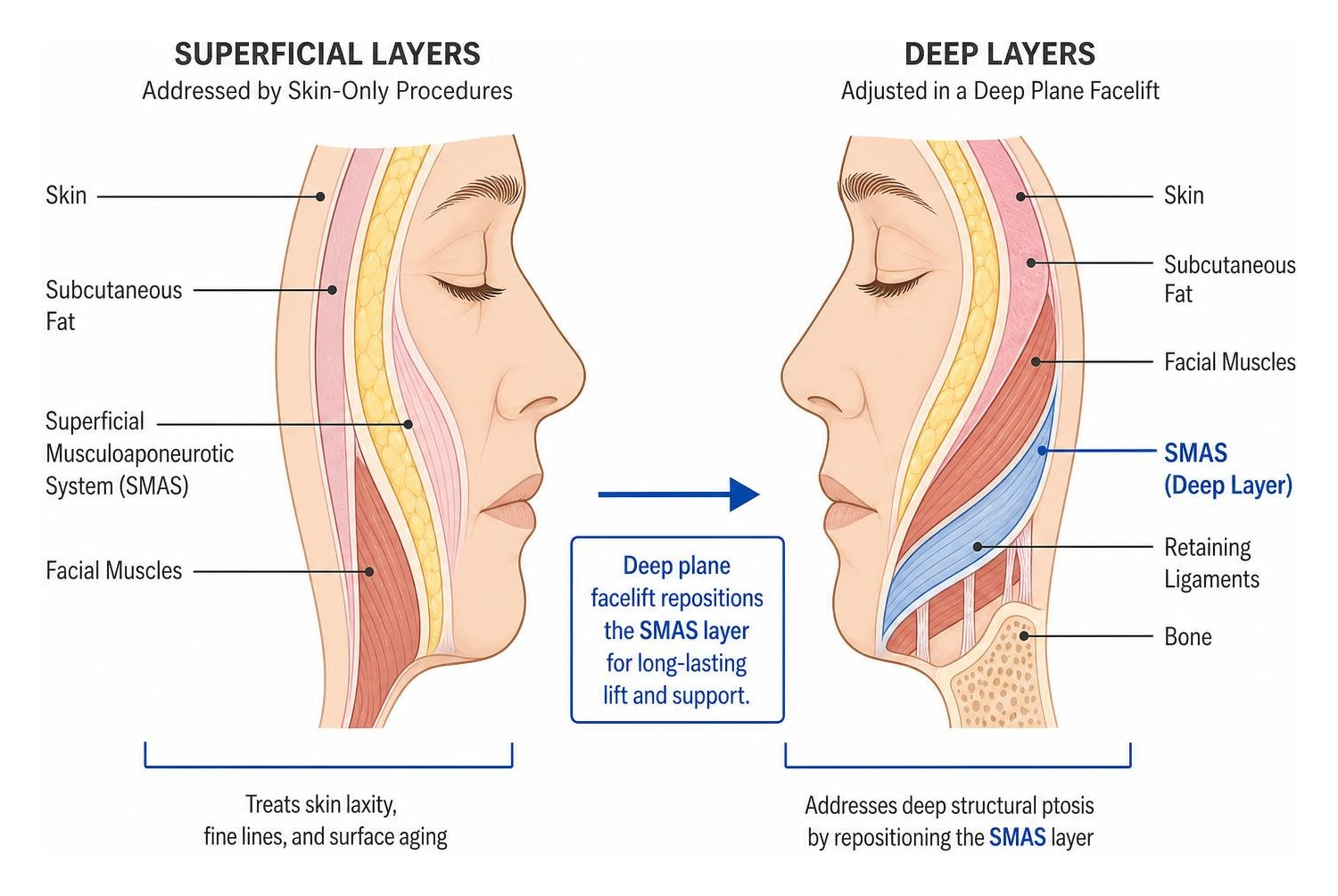 Diagram showing the anatomical layers of the face, comparing superficial skin layers to the deep SMAS layer adjusted during
