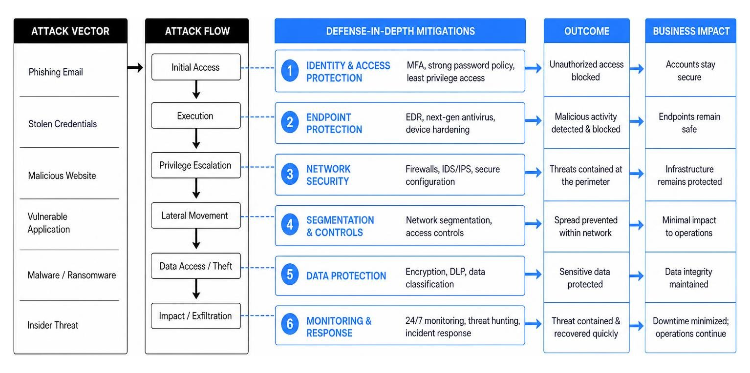 Diagram: Cyber Attack Vector and Defense-in-Depth Mitigation Flow Diagram: Cyber Attack Vector and Defense-in-Depth Mitigation Flow