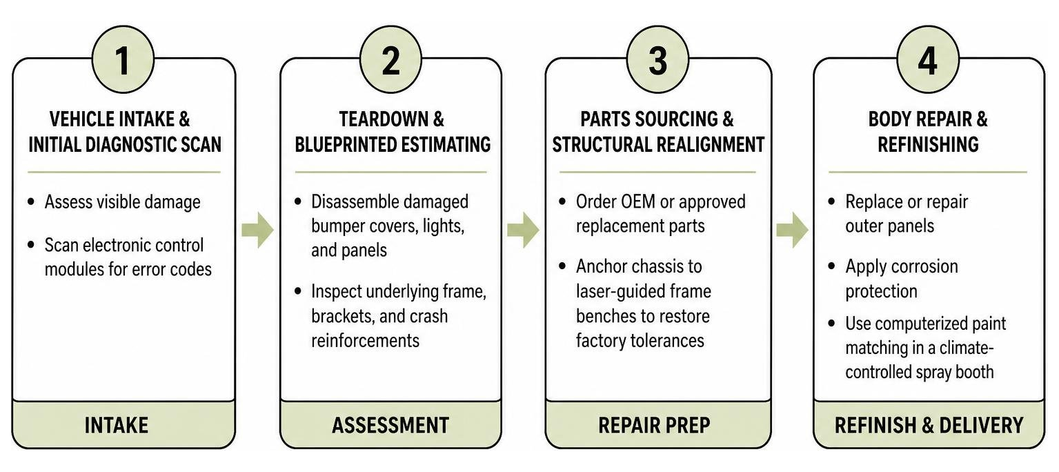 Collision repair step-by-step framework from vehicle intake to final delivery Collision Repair Step-By-Step Framework From Vehicle Intake To Final Delivery