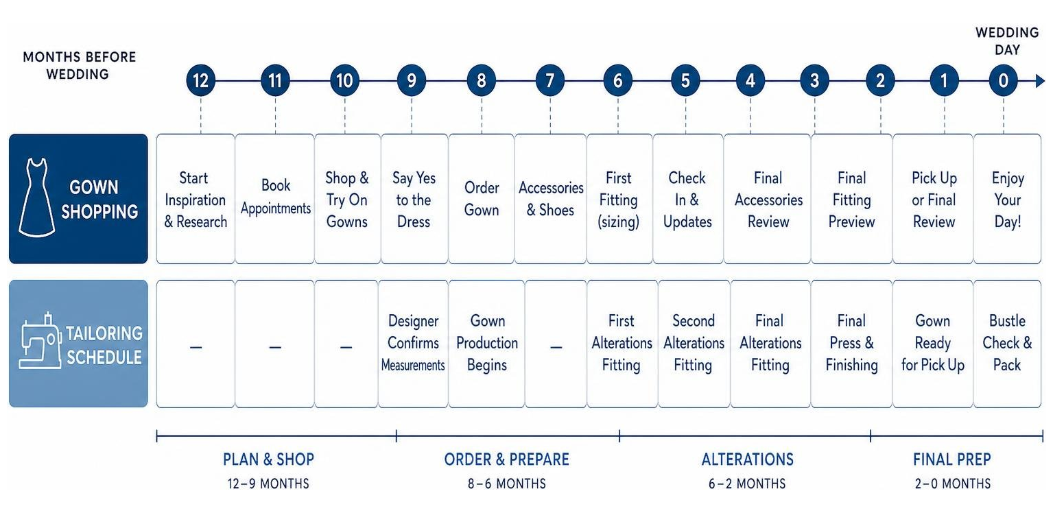 Step by step timeline diagram comparing wedding gown shopping and tailoring schedule over 12 months