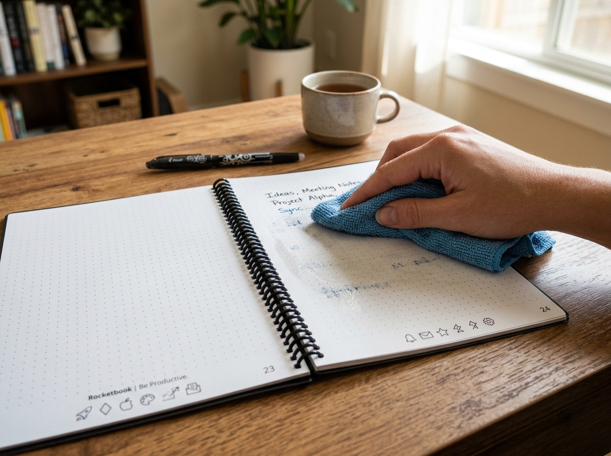 A hand using a damp microfiber cloth to gently wipe a Rocketbook page clean - reusable digital notepad A hand using a damp microfiber cloth to gently wipe a Rocketbook page clean - reusable digital notepad
