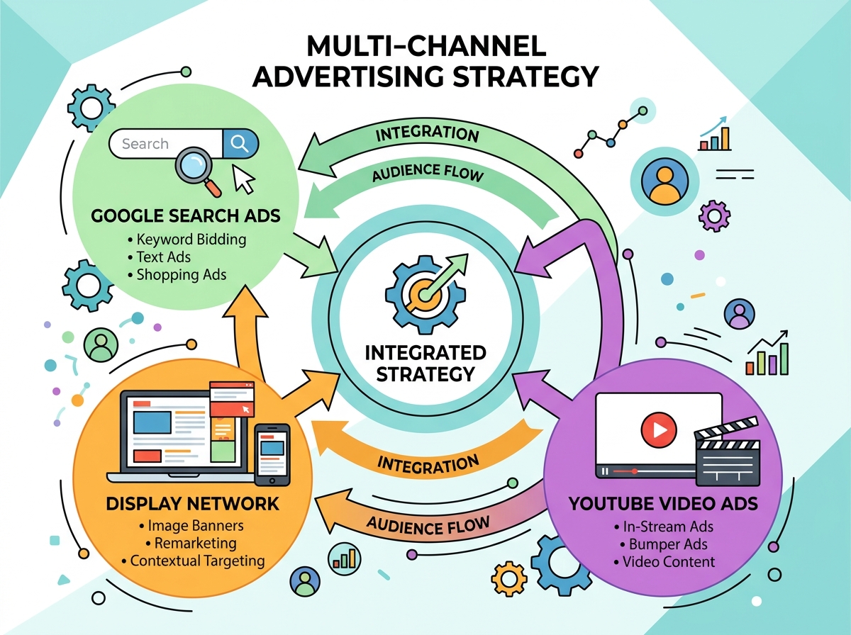 multi-channel advertising strategy map showing search, display, and video integration - google adwords agency