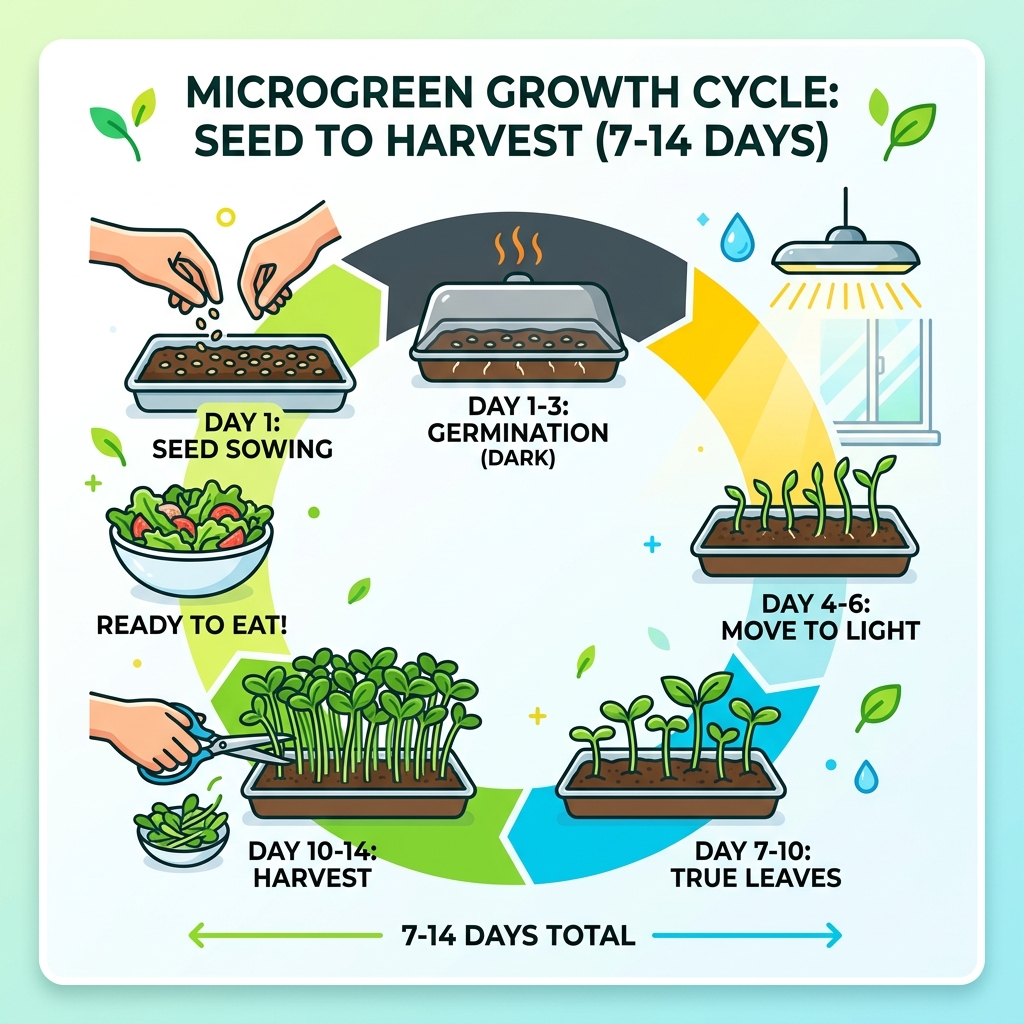 Microgreen growth cycle infographic from seed sowing to harvest in 7-14 days - growing micro salads infographic 