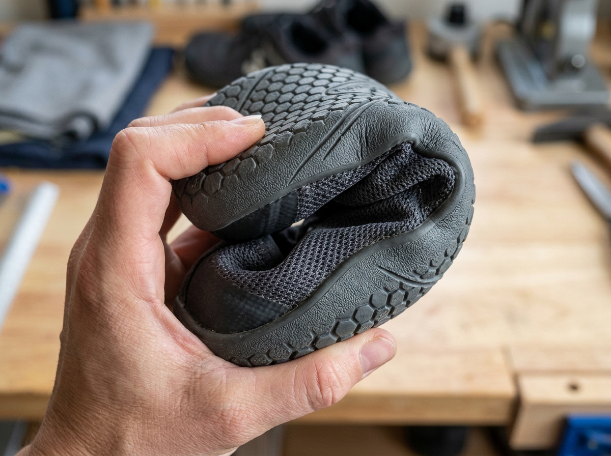 Close up of a highly flexible barefoot shoe sole being twisted to show maximum range of motion - barefoot shoes wide toe box