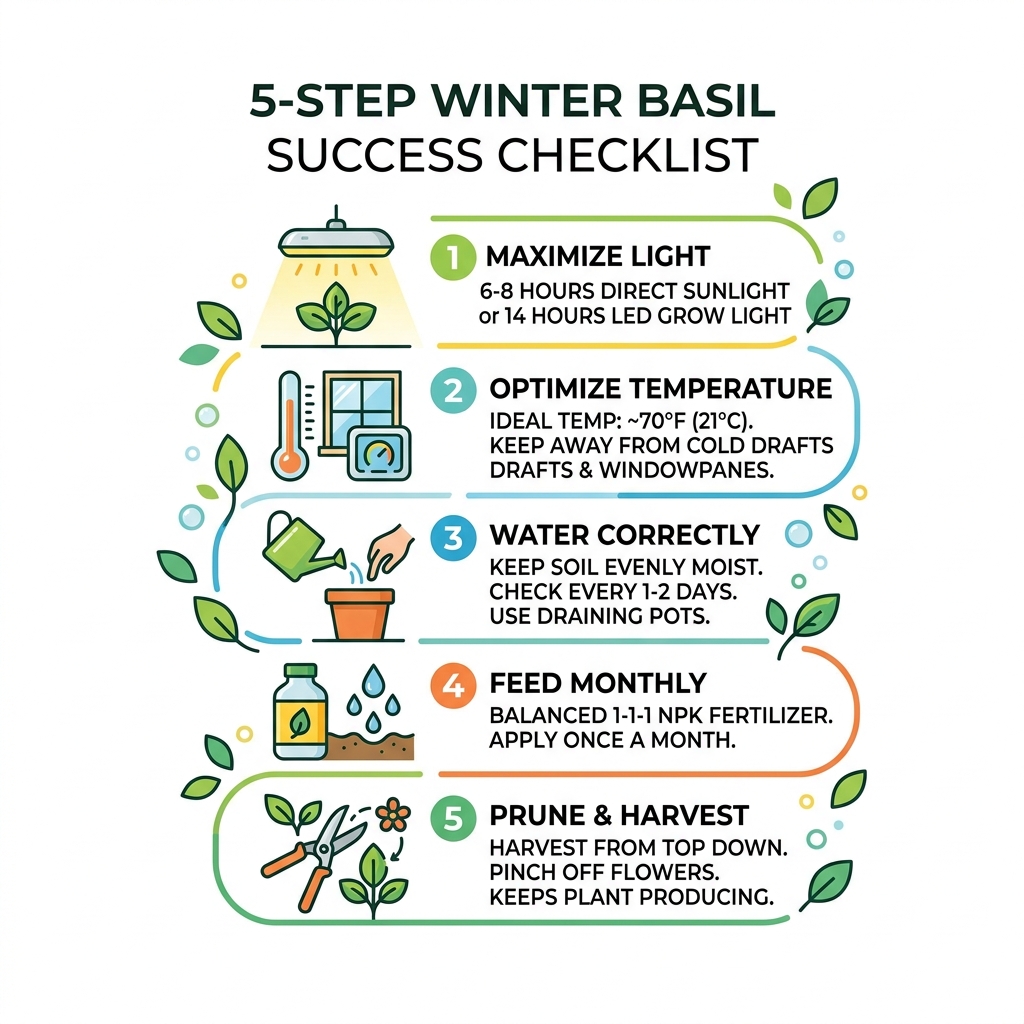 5-step winter basil success checklist with light, temperature, water, fertilizer, and pruning tips - growing basil indoors