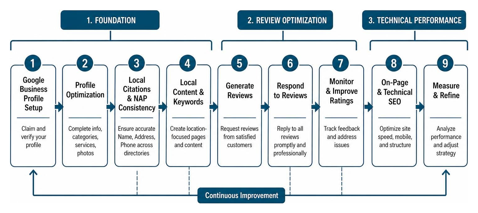 Local SEO strategy diagram illustrating foundation, review optimization, and technical performance with Google Business Profile,