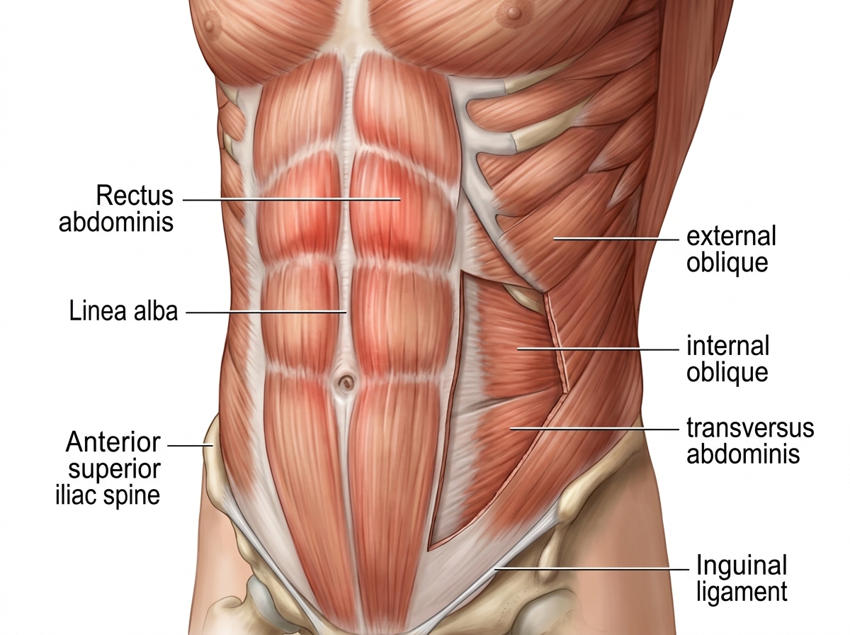 abdominal muscle anatomy showing rectus abdominis and obliques - 6 week ab workout no equipment