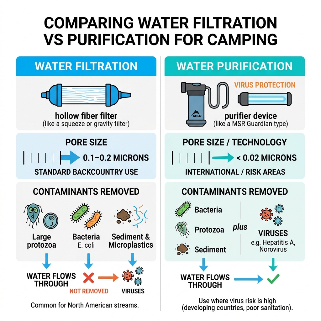 Infographic comparing water filtration vs purification methods, pore sizes, and contaminants removed - portable camping Infographic comparing water filtration vs purification methods, pore sizes, and contaminants removed - portable camping