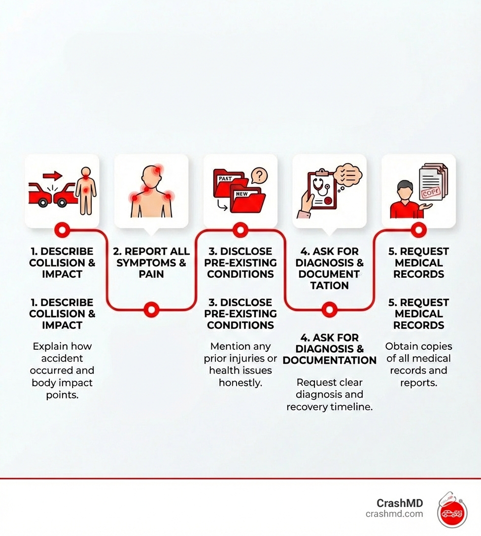 infographic showing 5 key things to tell your doctor after a car accident: 1. Describe how the collision occurred and where your body impacted, 2. Report every symptom including pain location and severity, 3. Disclose all pre-existing conditions honestly, 4. Ask for detailed diagnosis and documentation, 5. Request copies of all medical records - what to say to doctor after car accident infographic infographic showing 5 key things to tell your doctor after a car accident: 1. Describe how the collision occurred and where your body impacted, 2. Report every symptom including pain location and severity, 3. Disclose all pre-existing conditions honestly, 4. Ask for detailed diagnosis and documentation, 5. Request copies of all medical records - what to say to doctor after car accident infographic