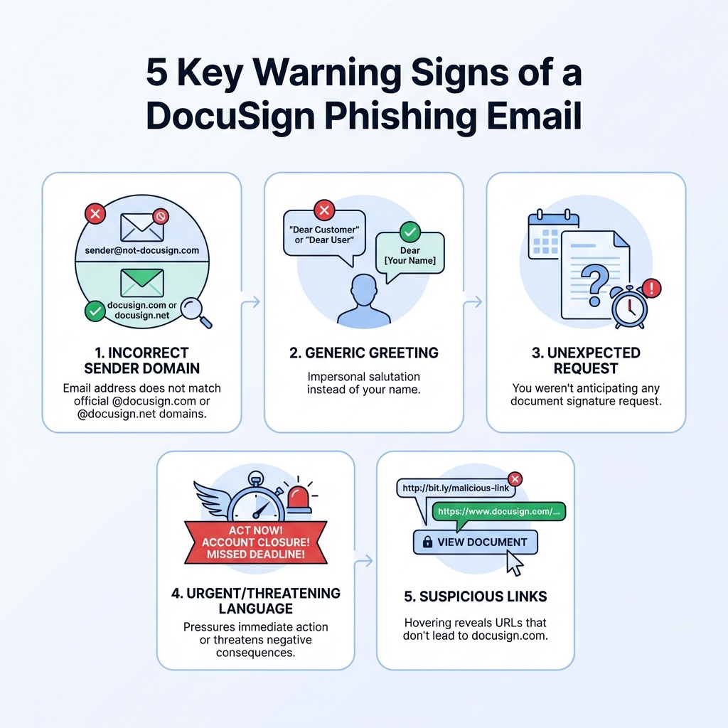 Infographic showing 5 key warning signs of a DocuSign phishing email: 1) Sender email address doesn't match official DocuSign domains, 2) Generic greeting like "Dear Customer" instead of your name, 3) Unexpected document request you weren't anticipating, 4) Urgent or threatening language pressuring immediate action, 5) Suspicious links when hovering over buttons that don't lead to docusign.com or docusign.net - docusign email scam infographic 