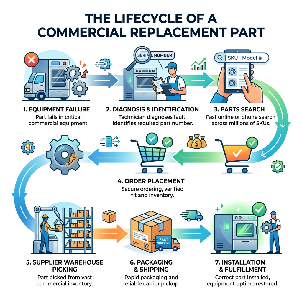 Infographic showing the lifecycle of a commercial replacement part from failure to fulfillment - Commercial parts supplier