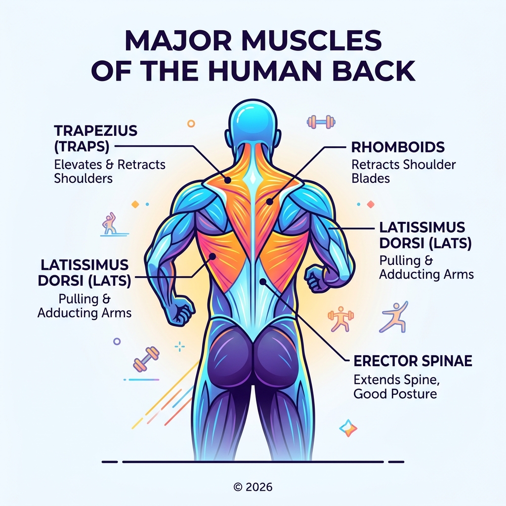 major muscles of the human back labeled including lats, traps, rhomboids, and erector spinae - back workout with minimal
