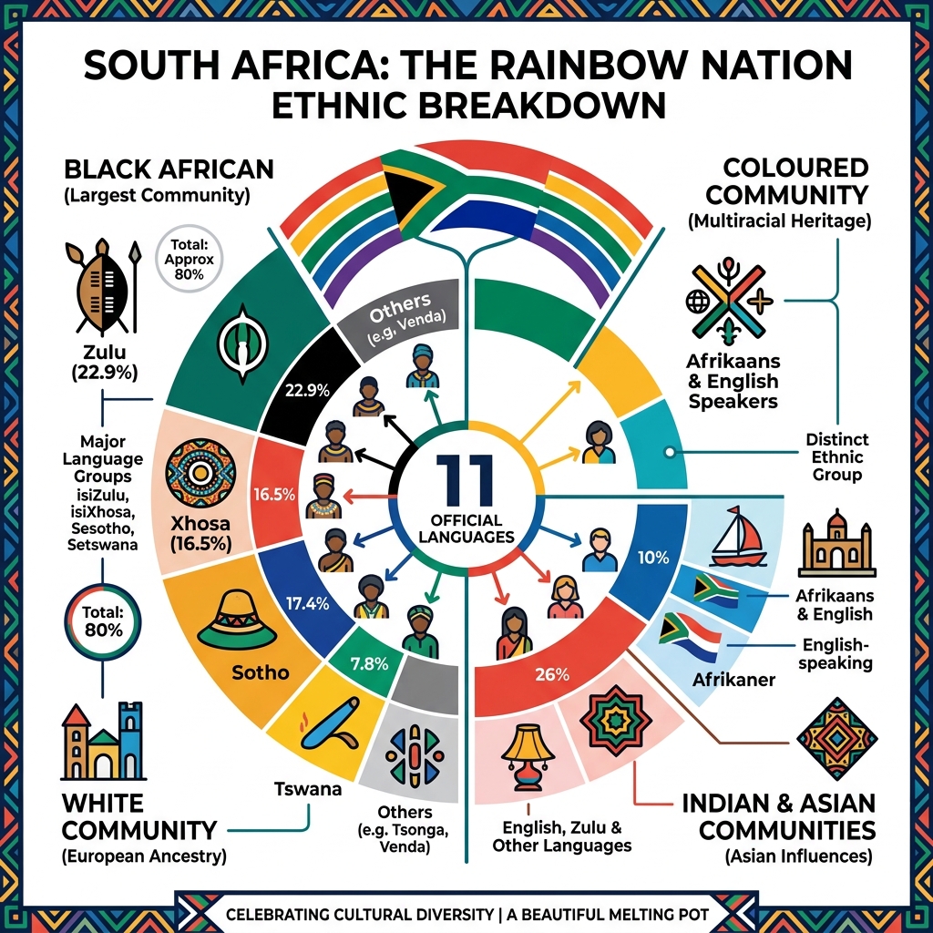 Rainbow Nation ethnic breakdown infographic showing language groups and cultural communities - South Africa culture