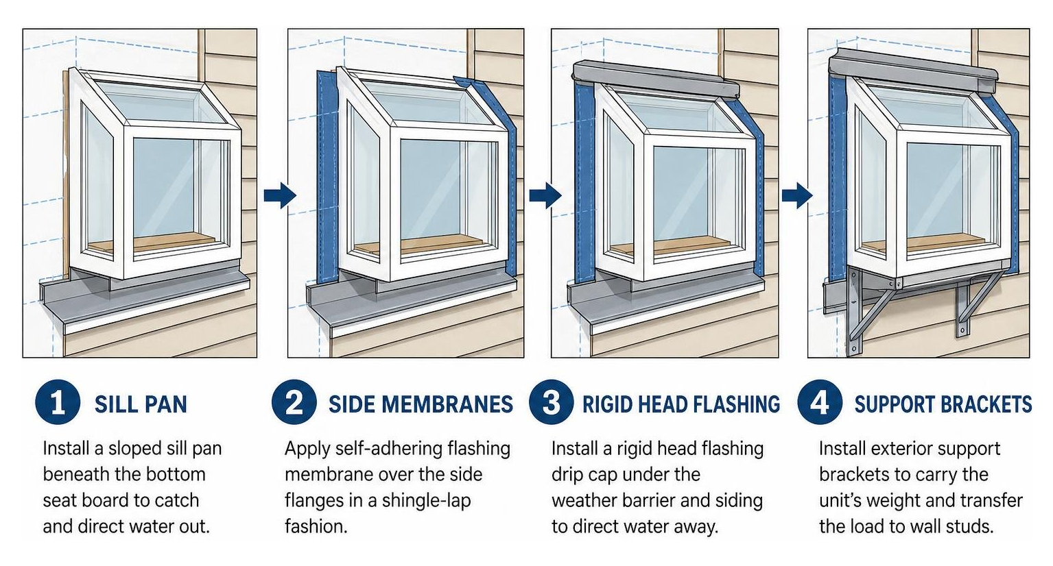 Flashing and sealing sequence: sill pan, side membranes, rigid head flashing, support brackets