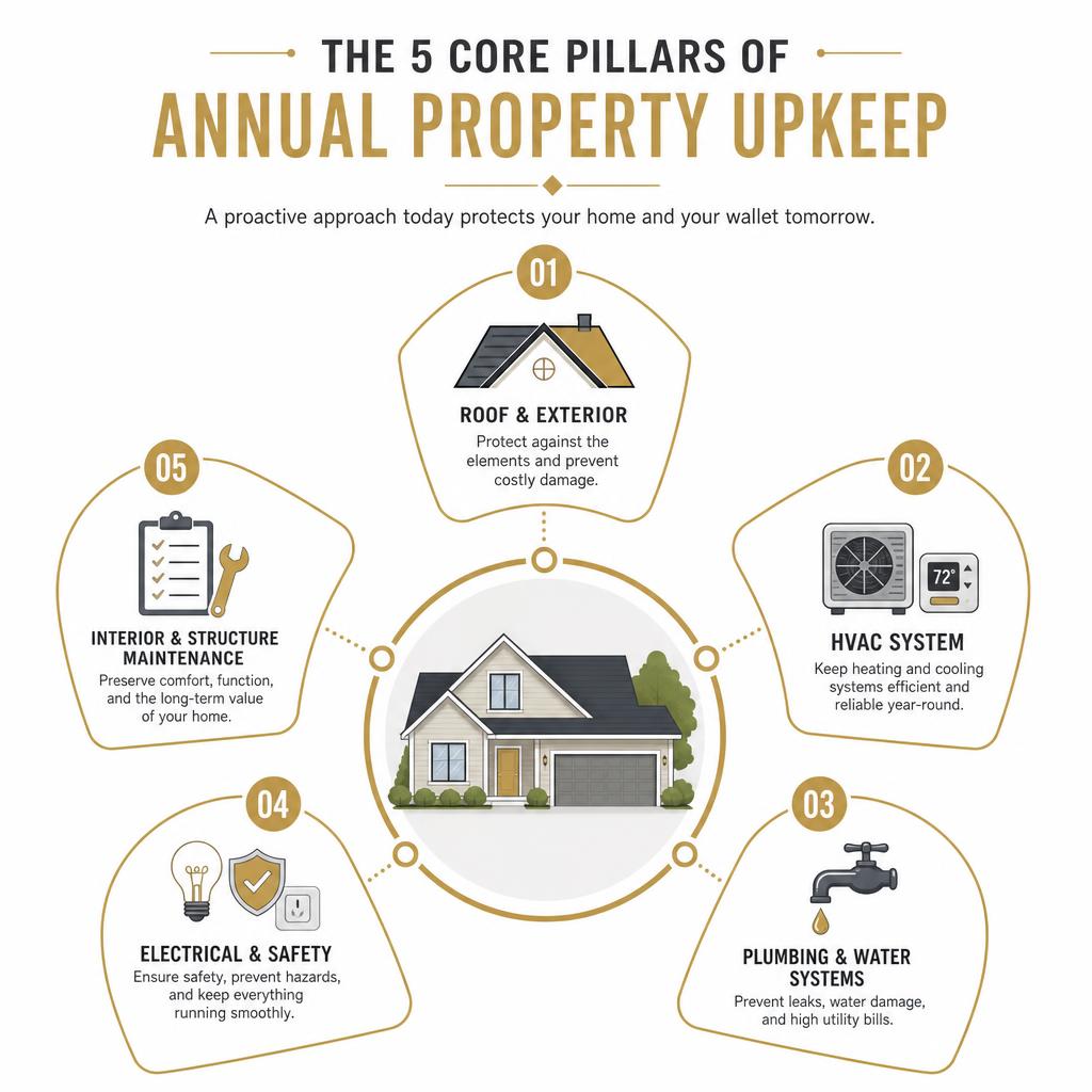Infographic explaining the core pillars of annual property upkeep infographic