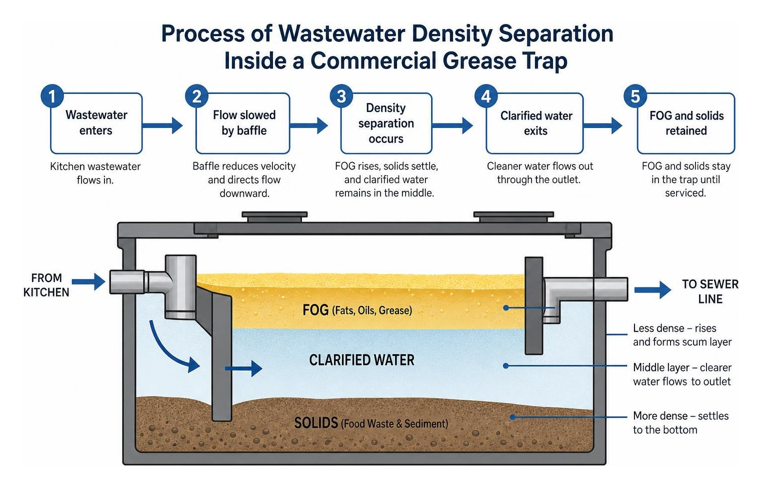 Process of wastewater density separation inside a commercial grease trap Process of wastewater density separation inside a commercial grease trap