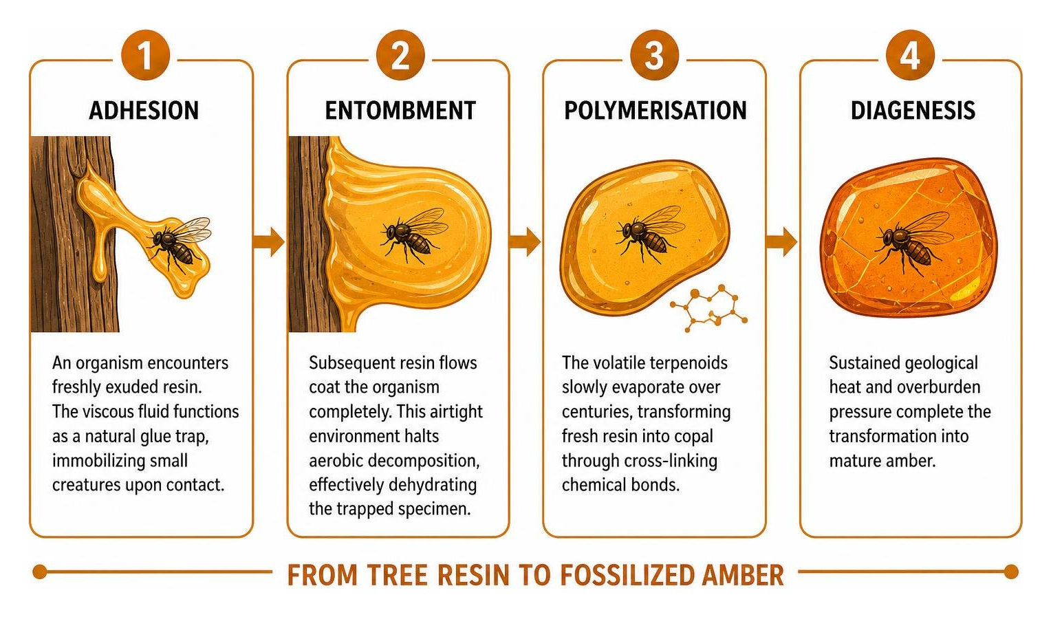Four-stage timeline showing how tree resin transforms into fossilized amber