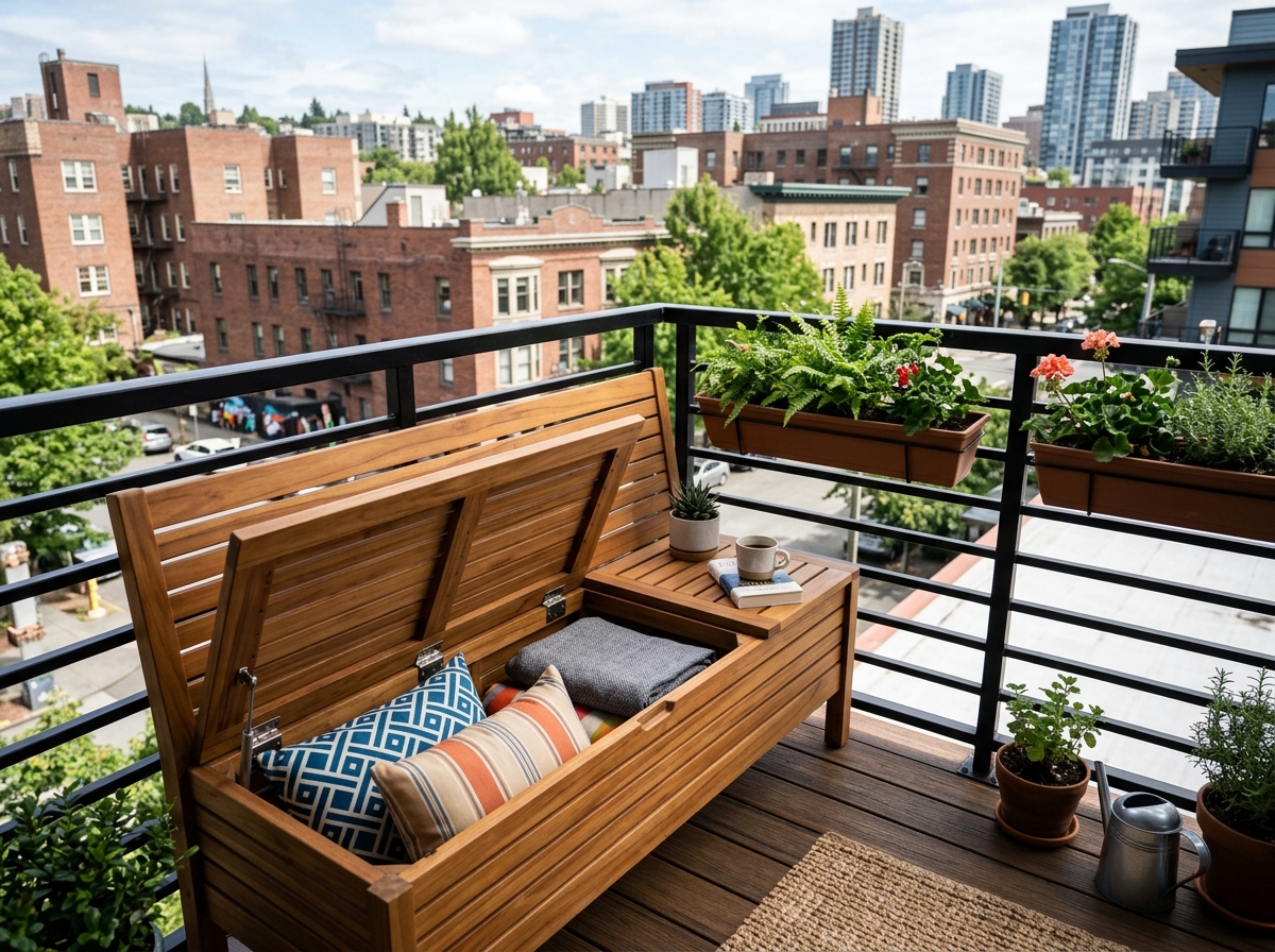 bench with hidden storage compartments - space saver balcony bench