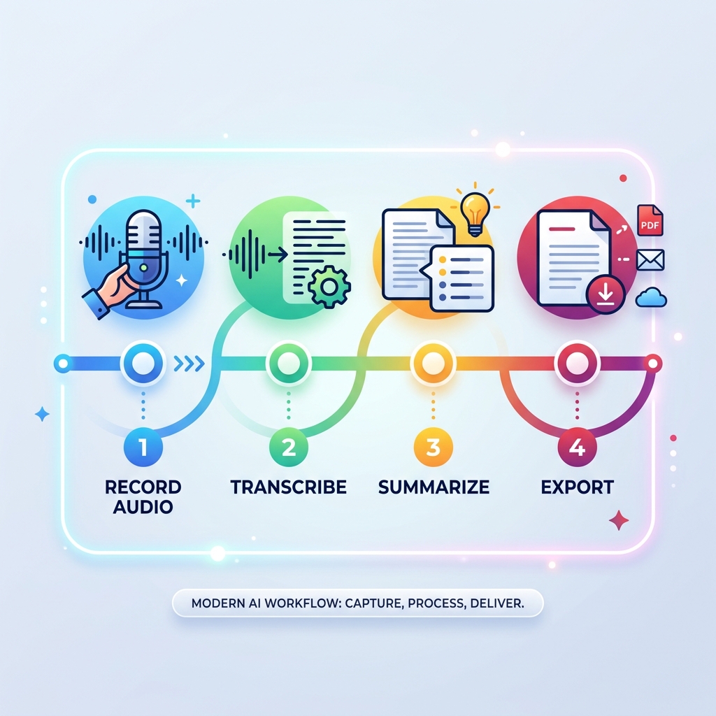 Voice-to-summary AI workflow: record audio, transcribe, summarize, export - ai note taking device infographic 