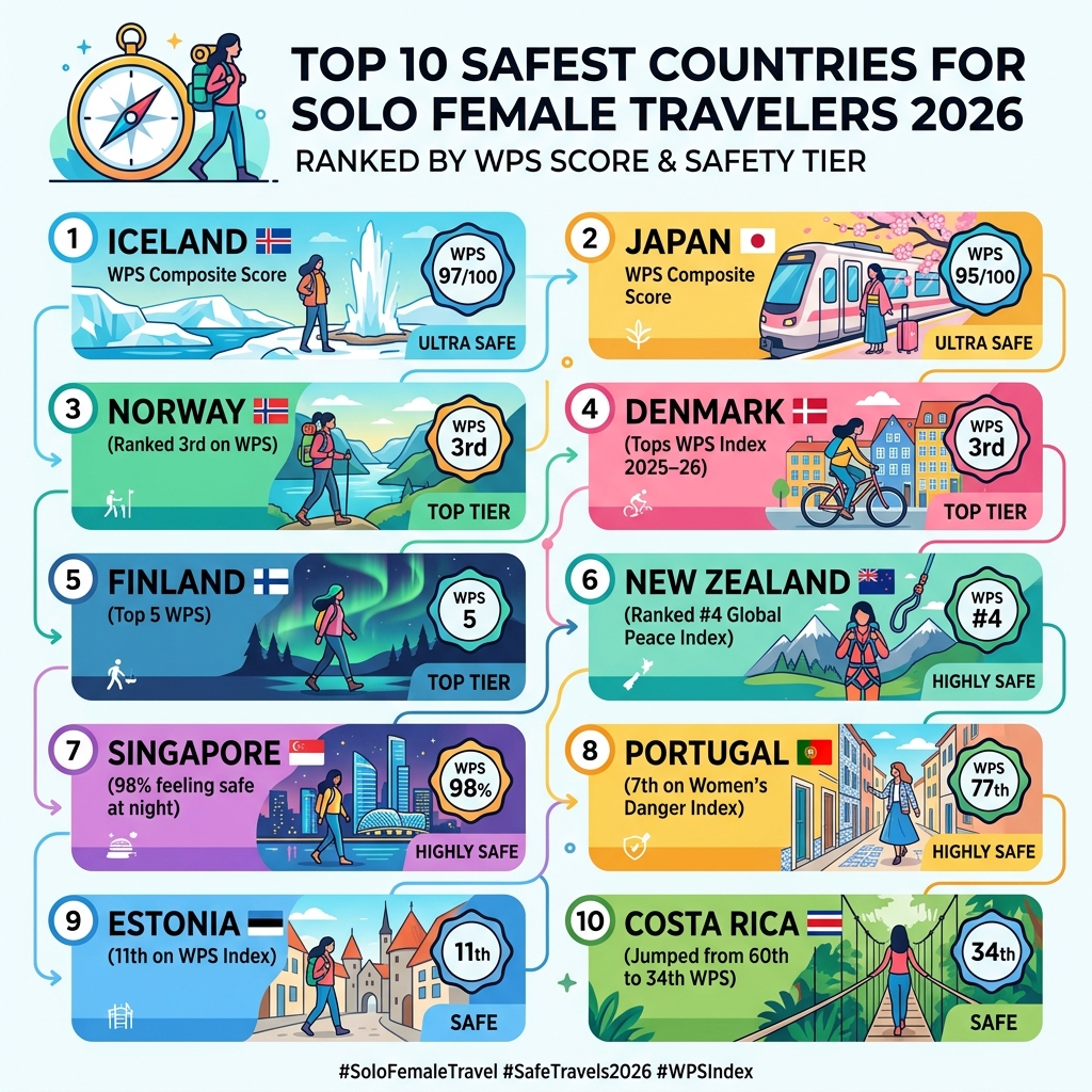 Top 10 safest countries for solo female travelers 2026 ranked by WPS score and safety tier - safest countries for solo