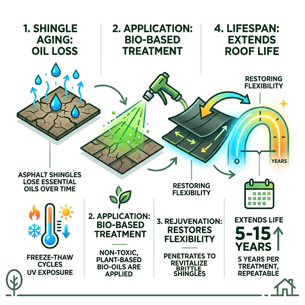 Infographic showing the roof restoration process: aging shingles lose oils, bio-based treatment restores flexibility