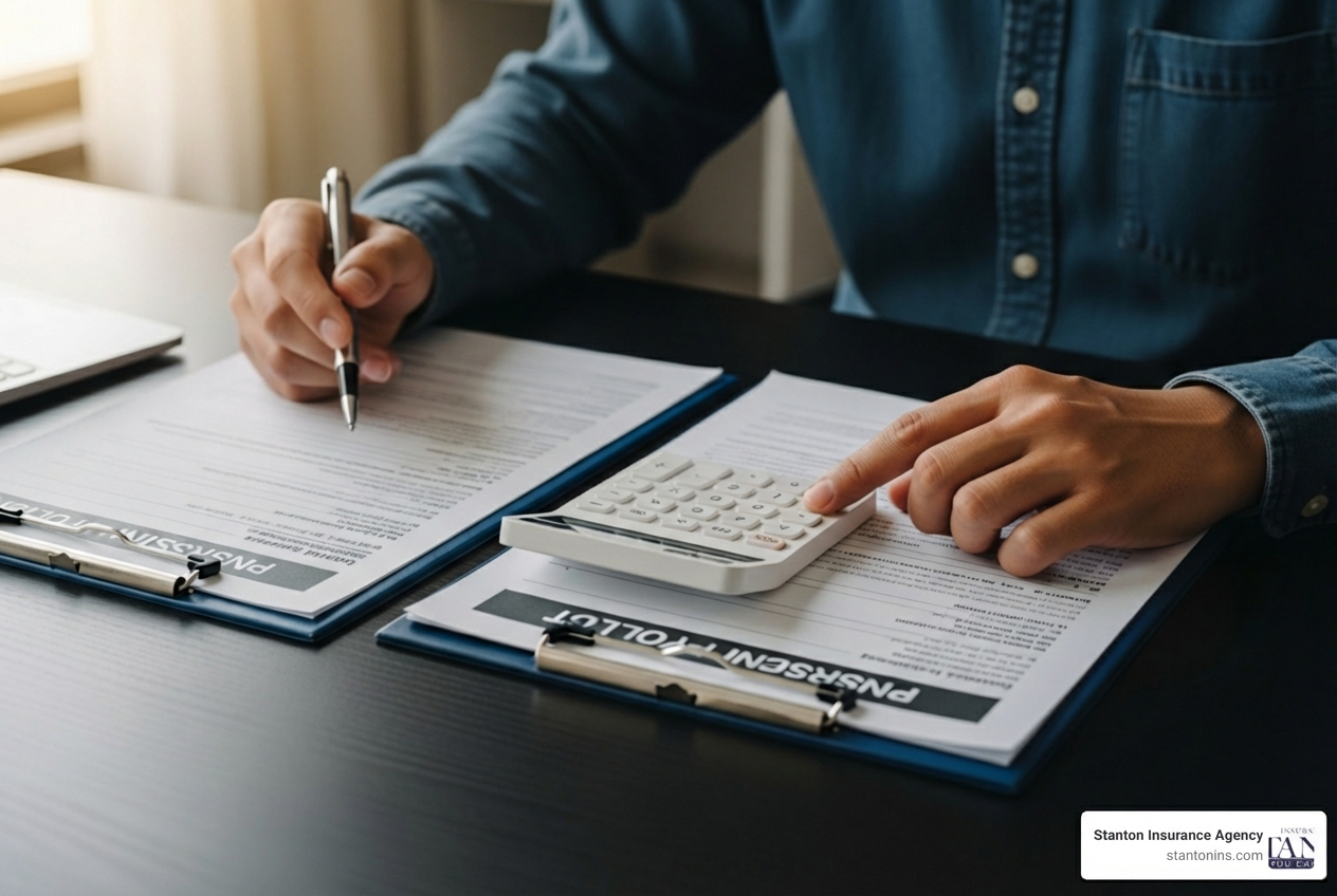 A person comparing two insurance documents with a calculator. - When to cancel insurance A person comparing two insurance documents with a calculator. - When to cancel insurance