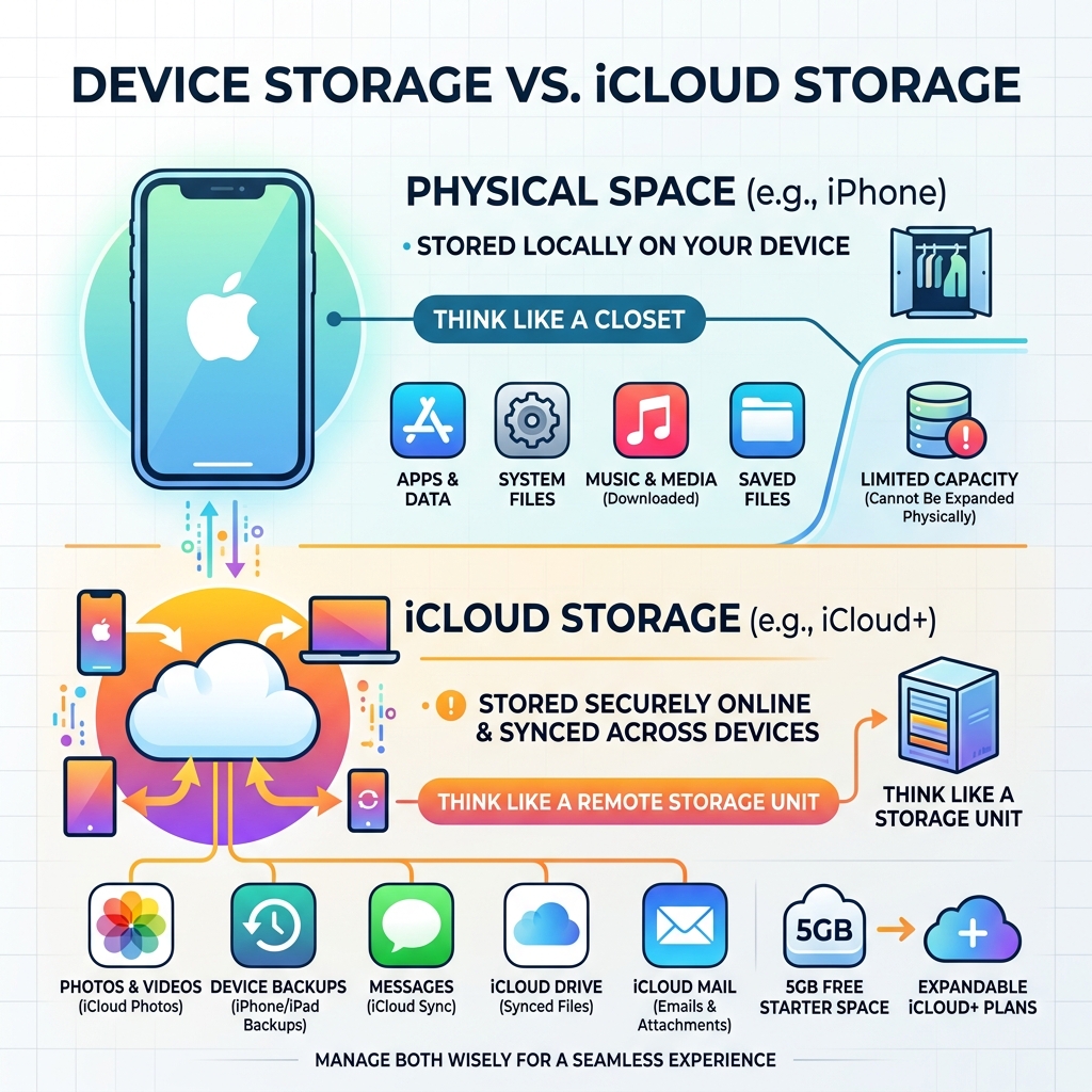 Infographic showing iCloud storage categories vs device storage and how they differ - manage icloud space infographic 