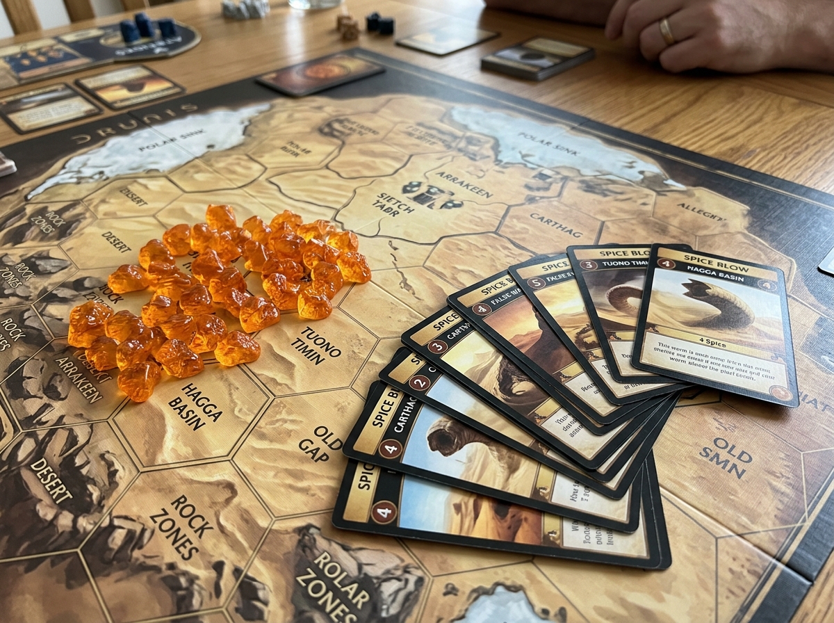 A close-up of the spice blow deck and spice tokens on the board - dune board game house rules