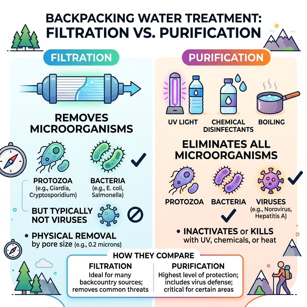 Filtration vs purification for backpackers infographic showing contaminants removed by each method - water filter for