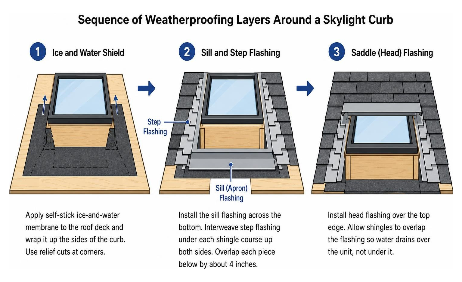 Sequence of weatherproofing layers around a skylight curb Sequence of weatherproofing layers around a skylight curb